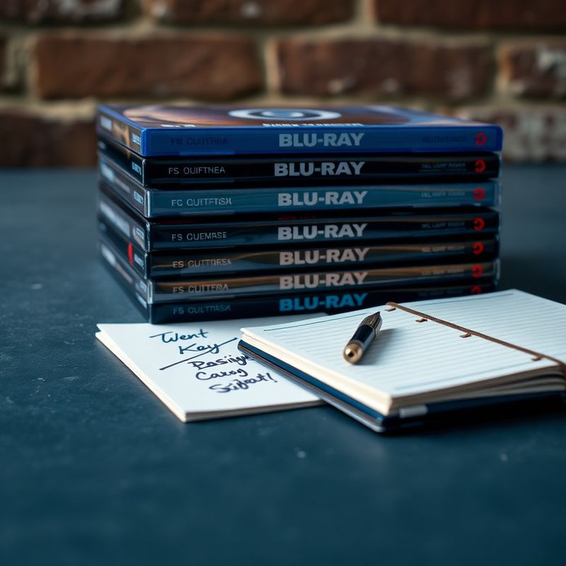Stos płyt Blu-ray i odręczne notatki na szarym biurku